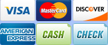 We accept Visa, MasterCard, Discover, American Express, Cash and Check.